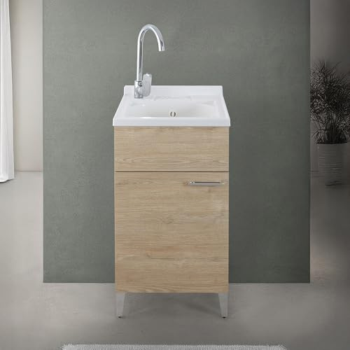 Mobile Lavatoio 45X50 Cm Con Vasca In Resina Bianca, Asse Lavapanni, Struttura In Legno Nobilitato Rovere Con Un’Anta Apribile Mediante Maniglia Cromata, Già Montato Con Kit Di Scarico Incluso