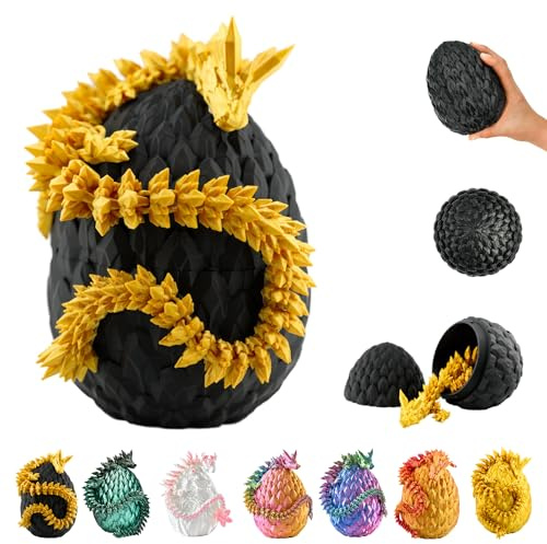 3D-drake i ägget – drakägg med drake 36 cm figur | 12 cm stort ägg | flerfärgad kläckande överraskningsdrake i guld-svart | rörlig fantasyleksak och samlarfigur för barn