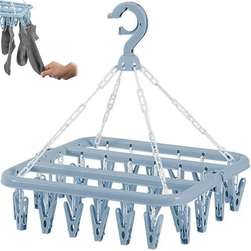 DILUSILK Clothes Drying Hanger and Drip Foldable Hanging Sock Rack Multifunction clothes drying rack，Rotary Wind-sock hanger for washing line，for Socks, Underwear, Bras, Baby Clothes (Blue)