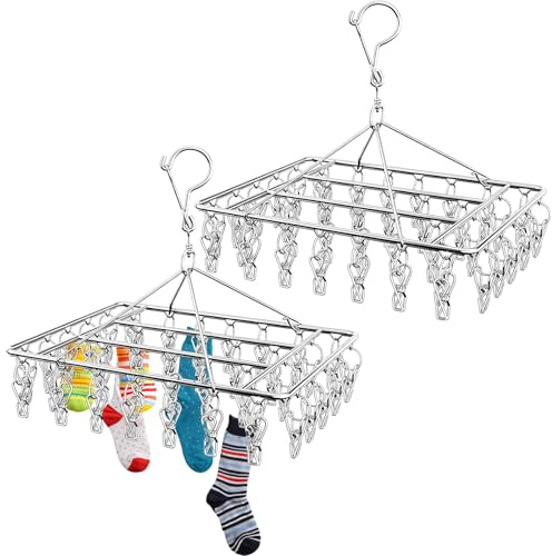 2Pcs Stendibiancheria Pieghevole Stendino Antivento con 40 Mollette & Gancio Girevole, Appendiabiti Metallo Acciaio Inox con Clip, Stendipanni Sospensione Calze per Stendere Calzini, Biancheria Intima
