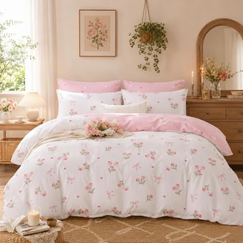 Lanqinglv Bettwäsche 200x220 Rosa Schleifen Blumen Wende Bettwäsche Set Herzen Schmetterling Muster,Aesthetic Bettwäsche mit Reißverschluss und 2 Kissenbezug 80x80 cm
