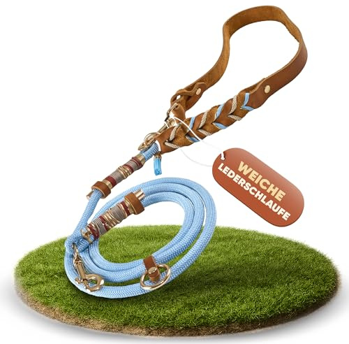 FAMBLANETIA Hundeleine Leder (2,4m), Paracord | mittelgroße, große & kleine Hunde | Geflochtene Führleine zum Umhängen | 2 Karabiner verstellbar | Hochwertig Fettleder handgemacht braun blau Luxus Tau
