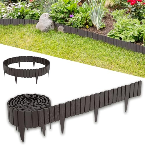 MAYTIIMO Rasenkante aus PP Kunststoff, 8 Stück Gartenpalisade Korrosionsbeständige Beetumrandung, Holzoptik Beetbegrenzung ideal zur Unterteilung von Innenhof und Gemüsegarten(Braun - 4,6 m)