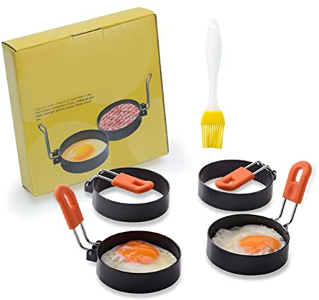 Fyearfly Juego de anillos de huevo, acero inoxidable antiadherente con mango de silicona para cocinar fácilmente, 5 moldes para freír con cepillo para tortillas perfectas