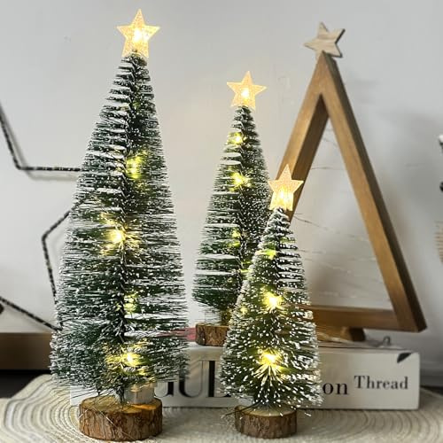 3 Pezzi Albero di Natale Piccoli, Mini Alberelli di Natale Artificiale con Basi in Legno (18/22/28 cm), Luci a Led e Nevicati Per Nevicati Per Addobbi Natalizi, DIY (Luce calda)