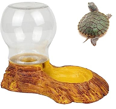 CHICAMPERA Reptile Water Feeder PET Drinking Fountain Automatic Water Feeding and Resistant Coating Resin Wood Texture Bowl 14X7X12Cm for Tortoise and Reptile Habitat