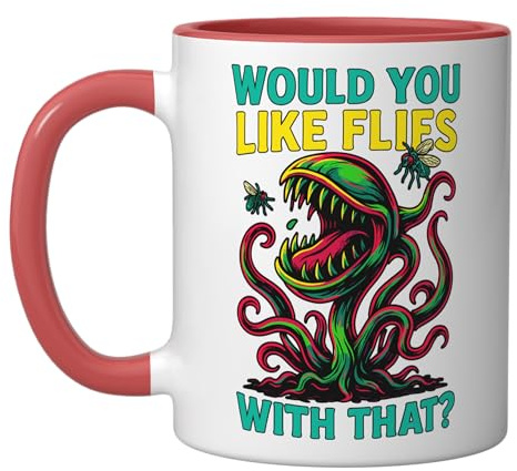 Carnivorous Plant Would You Like Flies With That Flytrap Ceramic Mug, Red/White
