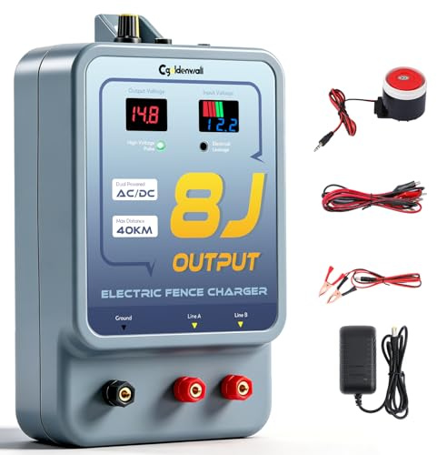 CGOLDENWALL 8J Pastor Electrico, AC/DC, 40KM Alcance, Ganado | 7-13KV Ajustable, IP45 Impermeable, Alarma, Caballos Pollame, Jardin