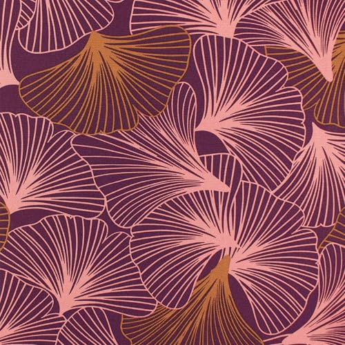 Canvas Stoff Ginkoblätter Floral, Dekostoff 100% Baumwolle, Leinenoptik, Blumenmuster aubergine (Länge am Stück: ab 100cm / Breite: 138cm)