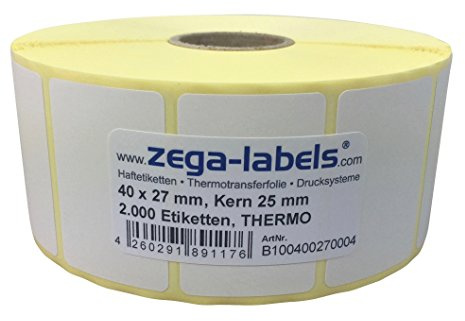 Thermo Etiketten auf Rolle - 40 x 27 mm - 2.000 Stück je Rolle - Kern: 25 mm - aussen gewickelt - permanent haftend - Druckverfahren: Thermodirekt (Verwendung ohne Farbband)