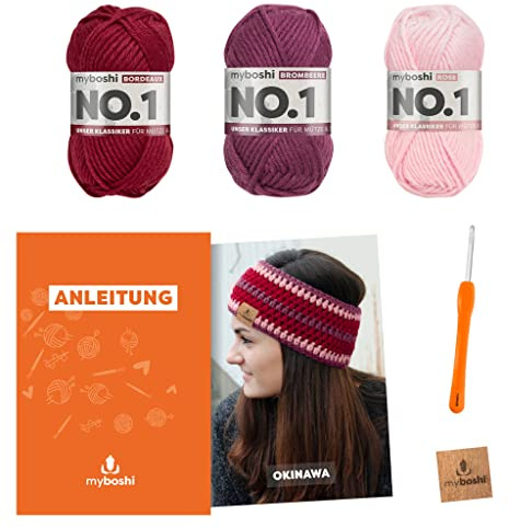 myboshi Häkelset Stirnband Okinawa, inkl. No.1 Wolle, Nadel und Anleitung, für Mützen und Strinbänder, Häkelpaket, 30% Merinowolle Rot, mit Rundstricknadel