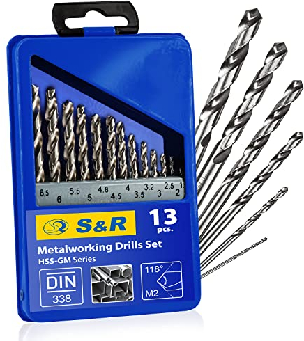 S&R Metallbohrer-Set HSS-G, Bohrerset 13-tlg, Hochleistungsbohrer für Metall, Stahl, Gusseisen, Größe 1,5-6,5 mm, konisch geschliffen 118 Grad, ideal für Hand- & Standbohrmaschinen, in Metallbox