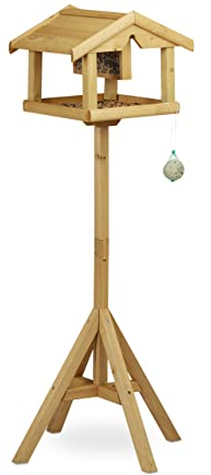 Relaxdays Vogelhaus mit Ständer, Aus Holz, Unbehandelt, Stehend, Vogelfutterhaus Bausatz, HBT: 117 x 50 x 50 cm, braun, Natur