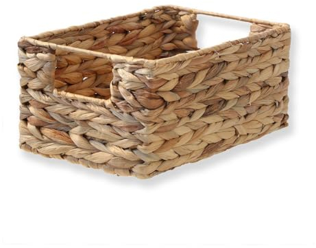 CALICOSY - Panier Jacinthe D'Eau - Armature Métal - Fibres Naturelles - Avec Poignées - Panier De Rangement Pour Salon, Dressing, Chambre - Petit Modèle - L 28 x P 19 x H 13 cm