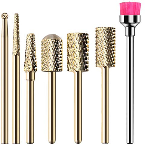MELODYSUSIE Nail Drill Bits Set Carbide Less Dust Professional 3/32 Inches Nail Bits Filing Acrylic Nails Gel Nails Down Removing Cuticle Tools for Electric Nail Files Drill Machine, 7pcs, Gold