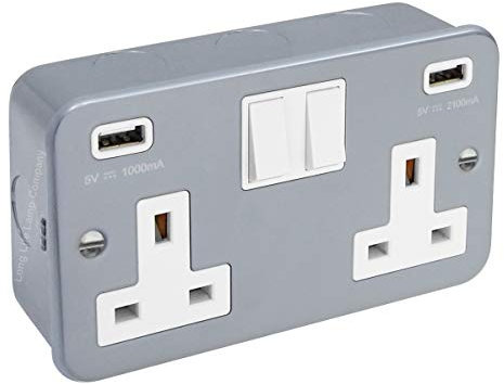 13 Amp Metal Clad Socket 2 Gang Switched Socket 250v with Dual USB Charger