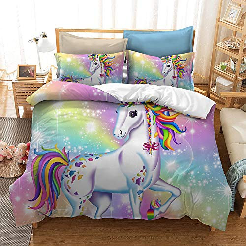 Andrui Bettwäsche Set Unicorn Einhorn Pferd Muster Bunt Microfaser King Size 220x240cm Bettbezug Set mit Kissenbezug für Kinder Junge Mädchen