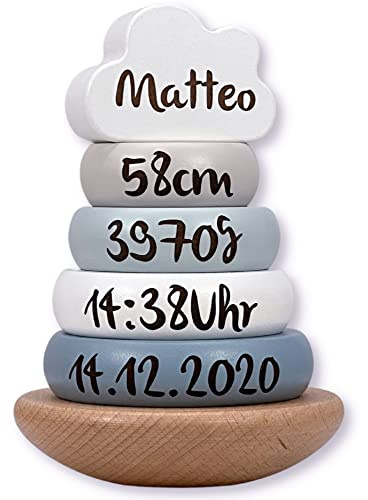 KIDSLINO Torre da impilare blu - Personalizzabile I Regalo di nascita e battesimo I Giocattolo in legno fatto a mano per bambino I Regali personalizzati per bambino I Label-Label I Gioco da impilare