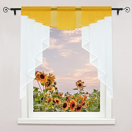 Delien Voile Scheibengardinen mit Durchstangenzug Landhaus Bistrogardinen Modern Transparente Gardinen Küche Kleinfenster Kurzstores Kurzgardinen 1 Stück BxH 80x80cm,Gelb