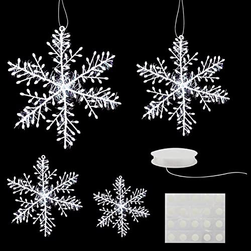 Weiß Schneeflocken Deko 15 Stück Weihnachtlicher Baumschmuck Anhänger für Winter Weihnachtsbaum Party Tür Fenster Hängender Deko, zusätzlicher Klebepunkt und transparente elastische Schnur, 4 Größen