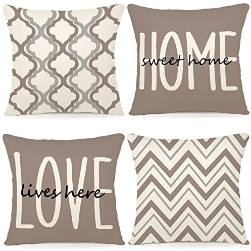 YCOLL Funda Cojin 45x45 Juego de 4 Cojines Sofa Fundas Cojines de Lino Patrón Geométrico Fundas de Cojines Decorativos para Sofa para Sala de Estar Jardín Coche Fundas para Cojines 45x45 Caqui