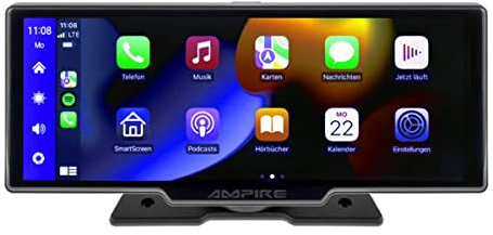AMPIRE CPM100 Smartphone-Monitor 25.4cm (10'') kompatibel mit Apple CarPlay, Android Auto inklusive Full-HD Dashcam und Rückfahrkameraeingang
