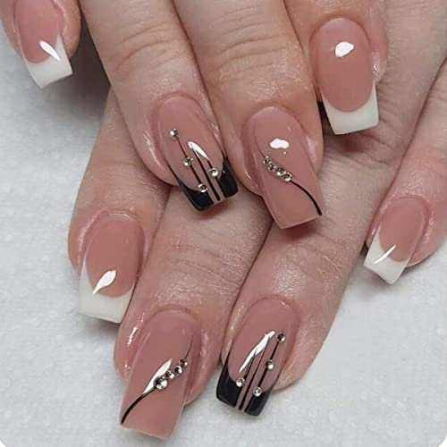 JUSTOTRY 24 Stück Diamond Eckig Nägel Zum Aufkleben Kurz,Weiß French Künstliche Nägel Mittel, Schöne Kunstnägel Press on Nails,Square Fingernägel Fake Nails Kurz für Frauen