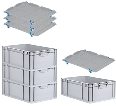 PROREGAL SuperSparSet 4x Eurobox NextGen Grip mit Auflagedeckel & 4 blauen Schiebeschnappverschlüssen, HxBxT 22x40x60cm, 44 L, Grau, Griffe geschlossen, Eurobehälter, Transportbox