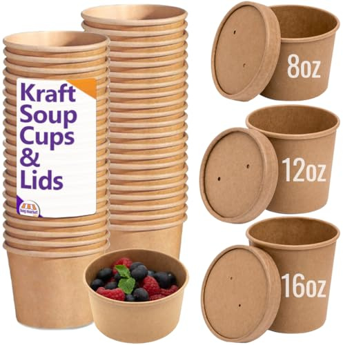 Bag Market | 50 x Biodegradable Brown Kraft Soup Containers with Lids | Ice Cream, Pots, Tubs, Takeaway (8oz / 227ml)