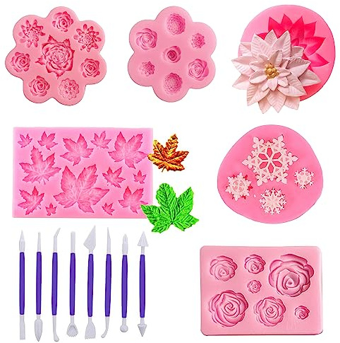 Attuslla Silikon Fondant Kuchen Formen, 3D Rosen Silikonform für Fondant Blätter Fondant Silikonform für Kuchen Dekoration, Cupcake Topper
