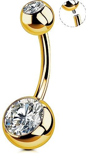 OUFER 14G Bauchnabelpiercing Titan Gold 10 mm Stablänge Innengewinde Piercing Bauchnabel Lang CZ Kugeln Titanium Belly Button Piercing Navel Bars Nabelring