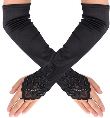 Sibba Cosplay Gloves 1 PC Black Fingerless Long Lace Mesh Satin Mittens Opera Party Fishnet Arm Sleeve Goth Accessories Rave Elbow Length Band Formal Evening Women Costume