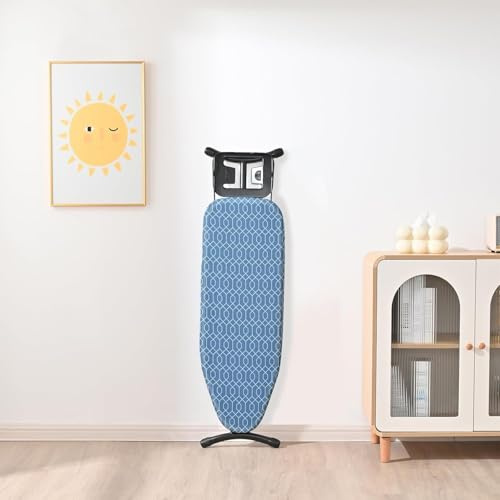 Foldable Ironing Board with Iron Rest, Extra Thick Cotton Cover & 7mm Felt Padding, Space Saving Compact Design, Adjustable Height, Lightweight Steel Frame, 116.5x33cm