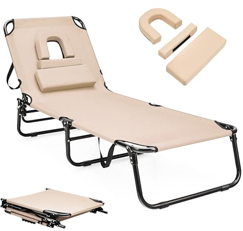 KOMFOTTEU Faltbare Sonnenliege mit 3 abnehmbaren Kopfstützen & Loch, Strandliege mit 5-Fach Verstellbarer Rückenlehne, Liegestuhl Gartenliege tragbar für Strand, Terrasse (Beige)