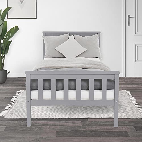 ML-Design Letto Singolo in Legno di Pino Massiccio 90 x 200 Grigio Chiaro, con Telaio Rete a Doghe Testiera e Pediera, Lettino per Bambini, Giroletto per Ragazzi e Adulti, Struttura Solida