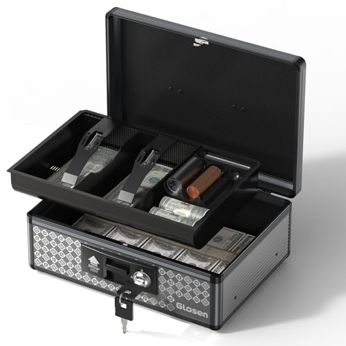 Glosen Cash Box with Lock, Money Box with Key Lock & Removable Coin Tray 8.85 * 5.3 * 11.8 inch (Black, Medium)