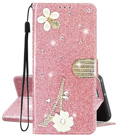 SEHEYA Klapphülle für iPhone X/iPhone XS PU Leder Hülle Glitzer Paris Eiffelturm Design HandyHülle zum Klappen Strass Diamant Blume Motiv Kartenfach Schutzhülle Flip Cover, Rosegold