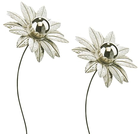 Kobolo Gartenstecker White Flower, 2er Set, Metall, weiß, 92 cm, dekorative Blumenstecker mit Edelstahlkugel für Moderne Gartendekoration