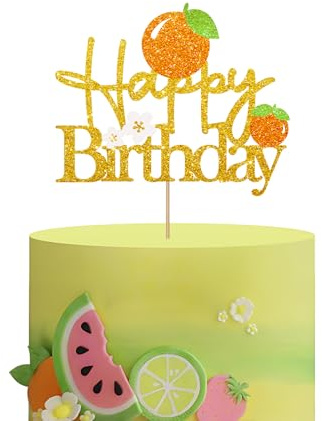 Orange Fruit Happy Birthday Cake Topper, Little Cutie Cake Decor, Gold Glitter Tangerine Citrus Fruit Sweet One Cake Topper for Boys Girls, Summer Fruit Themed Baby Shower Party Decoration