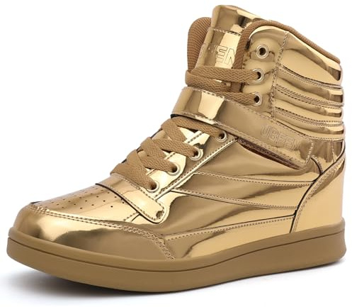 UBFEN Womens High Top Sneakers with Hidden Wedge Heel Ankle Support 2 Inch Height Increase 80s Retro Casual Boots Gold Size US 6.5