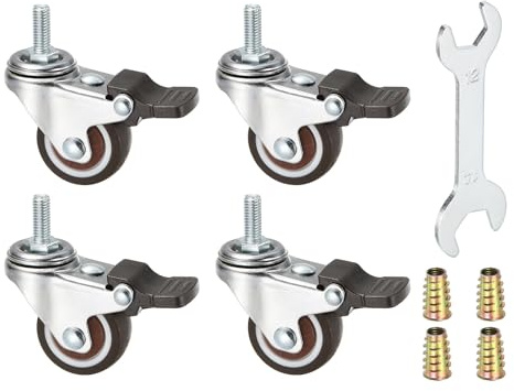 PATIKIL 1.25 Inch Ruote Girevoli Con Freno A Perno Filettato, 4Pcs M6x15mm Perno Filettato Portata Massima 132 Lbs Con Set Di Attrezzi Per Carrello Mobile Per Mobili, Marrone