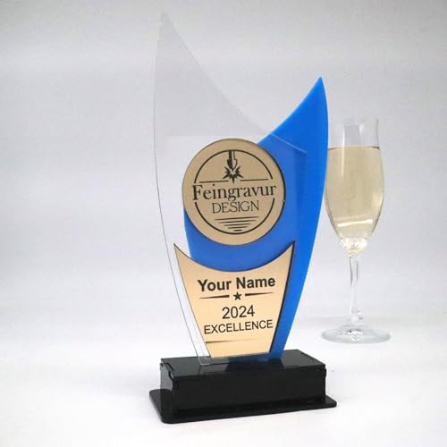 Personalisierte Moderne edle Trophäe, personalisierter eigener Text oder Logo, Blau und Spiegel Acryl - Medaille - Pokal - Auszeichnung 230x105 mm Gold