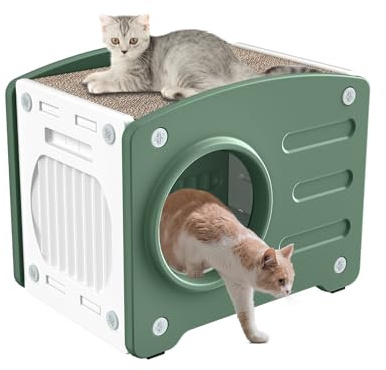 Aufun Katzenhaus Outdoor zum Spielen und Ausruhen, 55x41x46cm Katzenhäuschen für Draußen, Schutzhütte, Wasserdicht und Wetterfest, Robuste Katzenhütte Winterfest Isolierte, Easy-Clean, Grün
