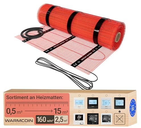 WARMCOIN® Heizmatte [160W/m²] 2,5 m² selbstklebend für Fliesen & Naturstein | Größe wählbar 0,5-15m² – Bodenheizung Elektrisch geeignet für Laminat, Fliesen & mehr - Elektro Fussbodenheizung