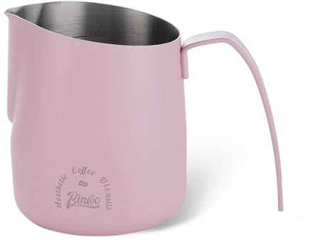 Jarra de espuma de leche expreso, jarra de vapor rosa de 16 onzas, taza de espuma de leche de café de acero inoxidable con mango y escala grandes, accesorios de máquina de espresso para barista (750