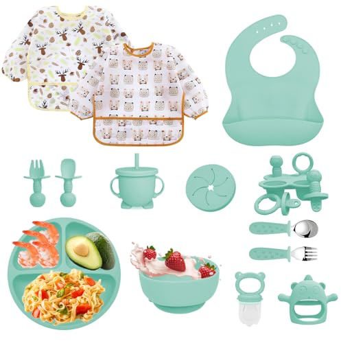 Bizcasa Silikon Baby Geschirrset, 14-teilig Kindergeschirr, Baby Weaning Besteck Set, Rutschfest,Teller, Schüssel,Gabel,Fruchtsauger, Babybrei Einfrieren Behälter, Beißring Baby, BPA Frei (Grün 2)