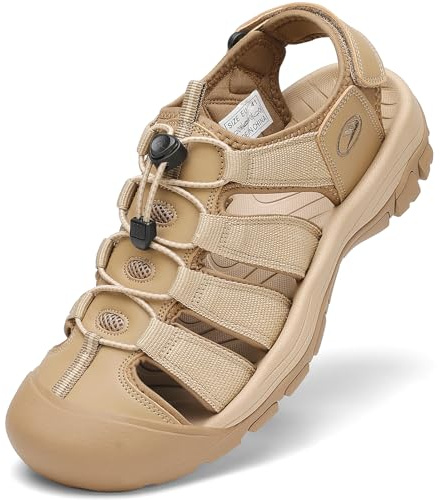 FLARUT Sandaler Sport Herr Sommar Utomhus Strand Vandring Läder Skor Kardborreband Vattentäta Skor Strand(Khaki,44 EU)