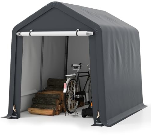 GYMAX Garagenzelt 195 x 240 x 214 cm, Stabiler Gerätehaus, Carport mit aufrollbarem Tor, Erdnägeln & Befestigungsgurten, wetterfester Lagerzelt, Zeltgarage für Gärten, Terrassen & Strände, Grau