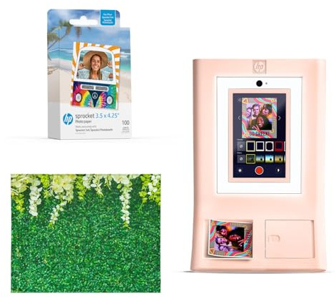 HP Sprocket Photo Booth Machine Instant Color Photo Printer (Pink) + Zink Paper (100 Sheets) + Leaves Photo Backdrop (1)