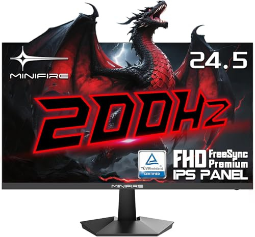 Minifire 24.5 Zoll FHD Gaming Monitor - 200Hz 1ms mit Fast IPS Panel | 1080P PC Monitor Gaming mit AMD Free Sync,120% sRGB,Deutsche Rheinzertifizierung Eye Care | HDMI 2.0 * 2 & DP 1.4 * 1 (MFG25X1)